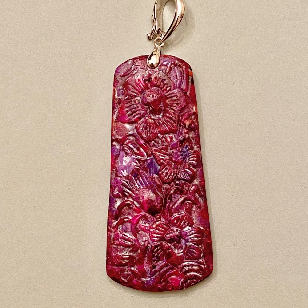 Purple Carved Jasper Flower Pendant, 2.5" with 16" Sterling Chain